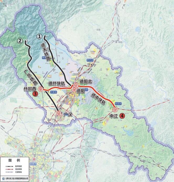 德陽市域內現有德天鐵路,廣嶽鐵路兩條軌道交通,規劃有德天快軌,德中